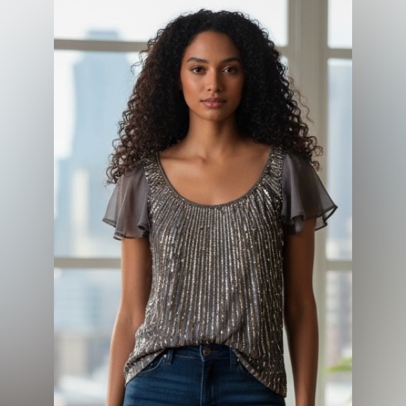 St John Couture Tops - St John Dog Show Metallic Sequin Sheer Flutter Short Sleeve Blouse size small